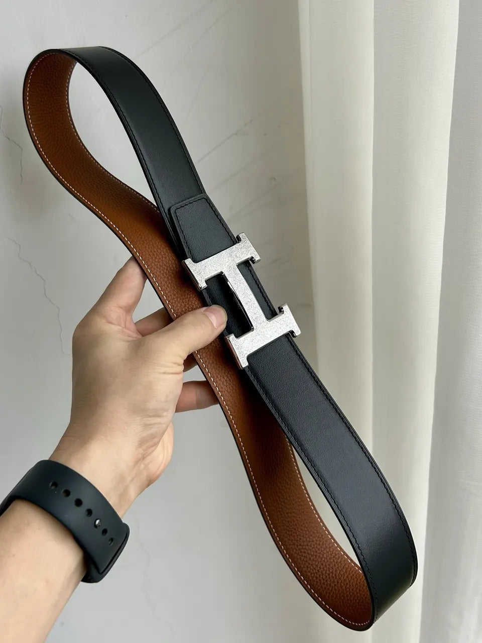 silver gold Hermes Tan Leather Belt - Hình 6