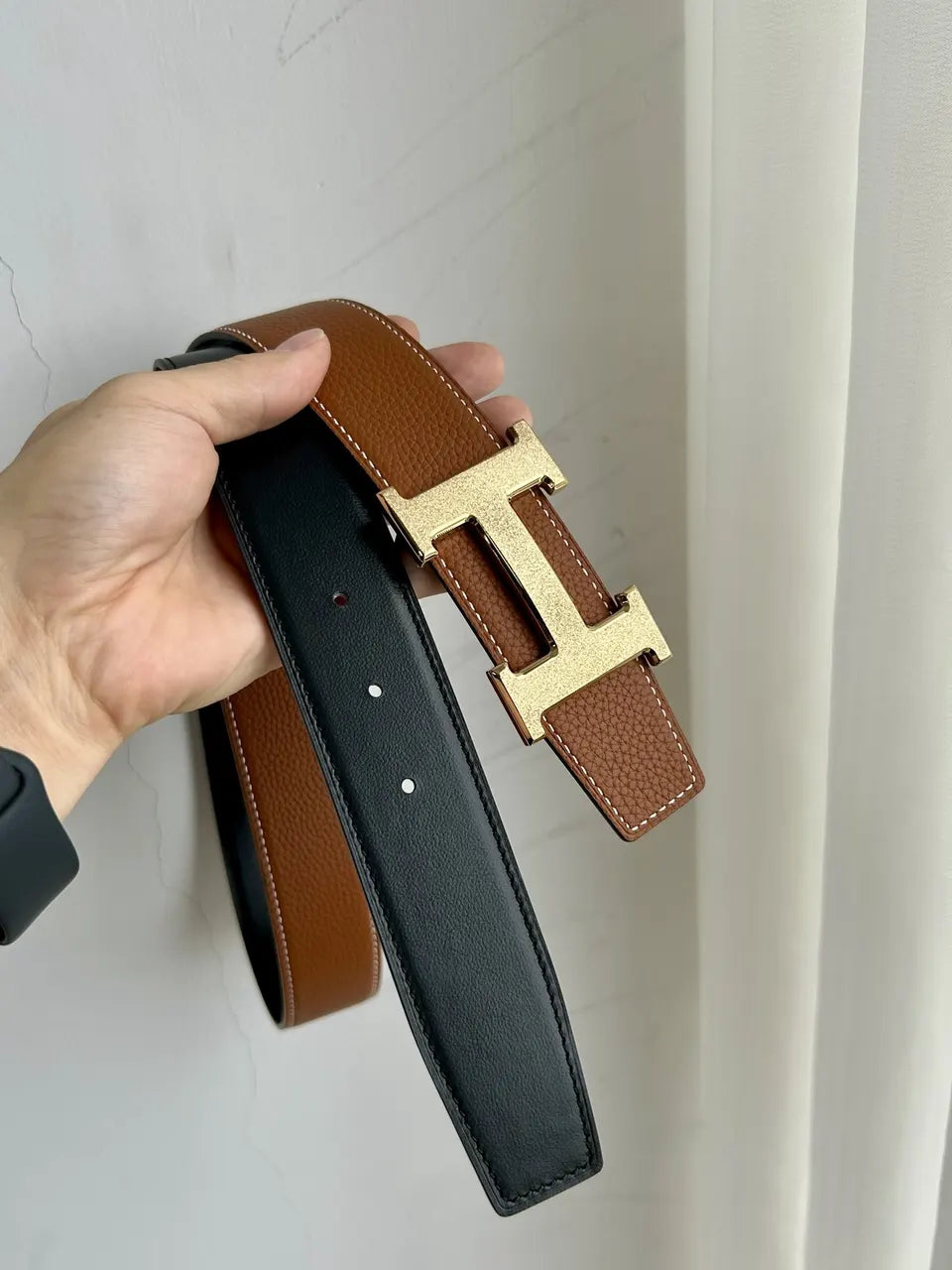 silver gold Hermes Tan Leather Belt - Hình 7
