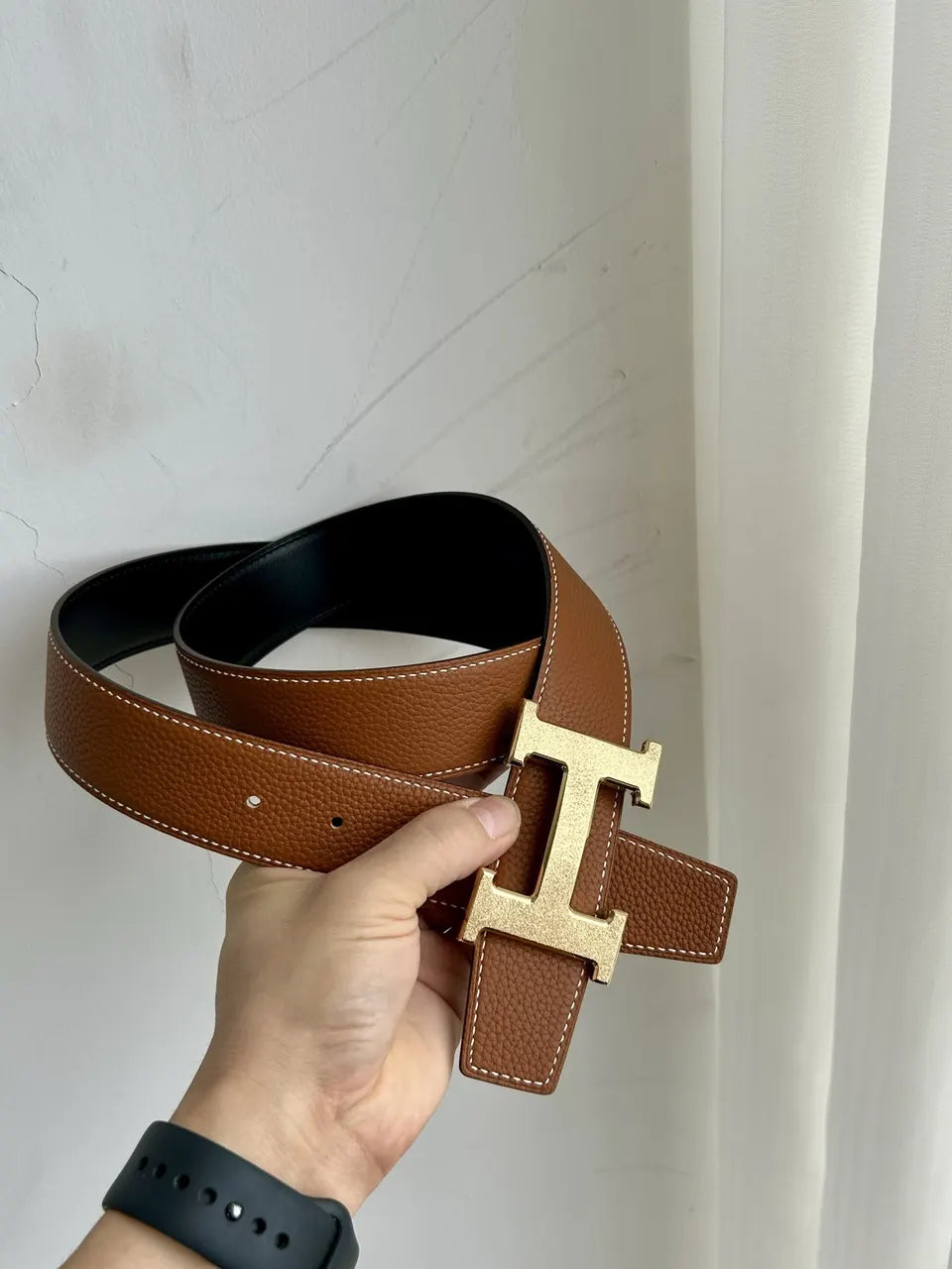 silver gold Hermes Tan Leather Belt - Hình 8