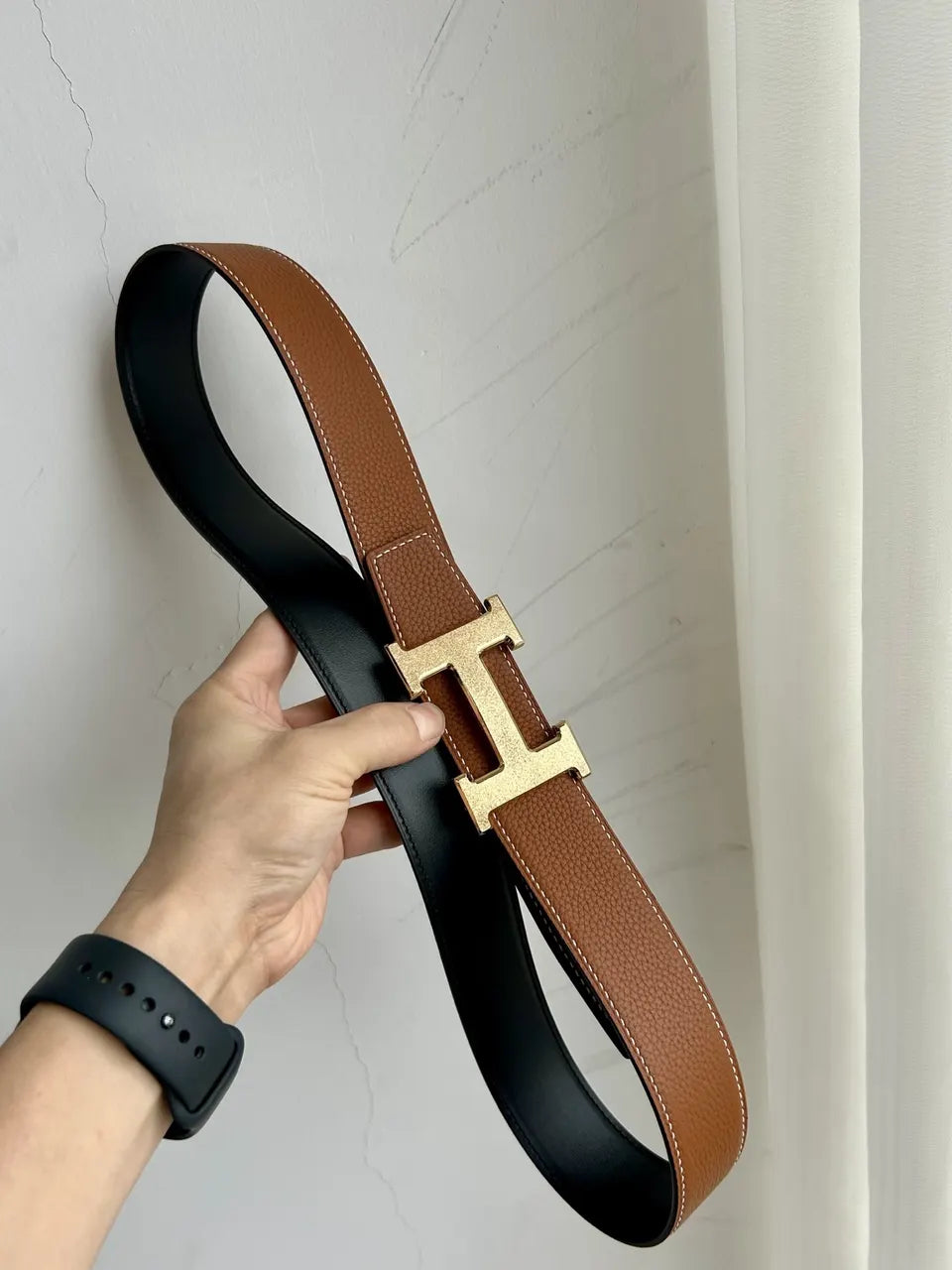 silver gold Hermes Tan Leather Belt - Hình 9