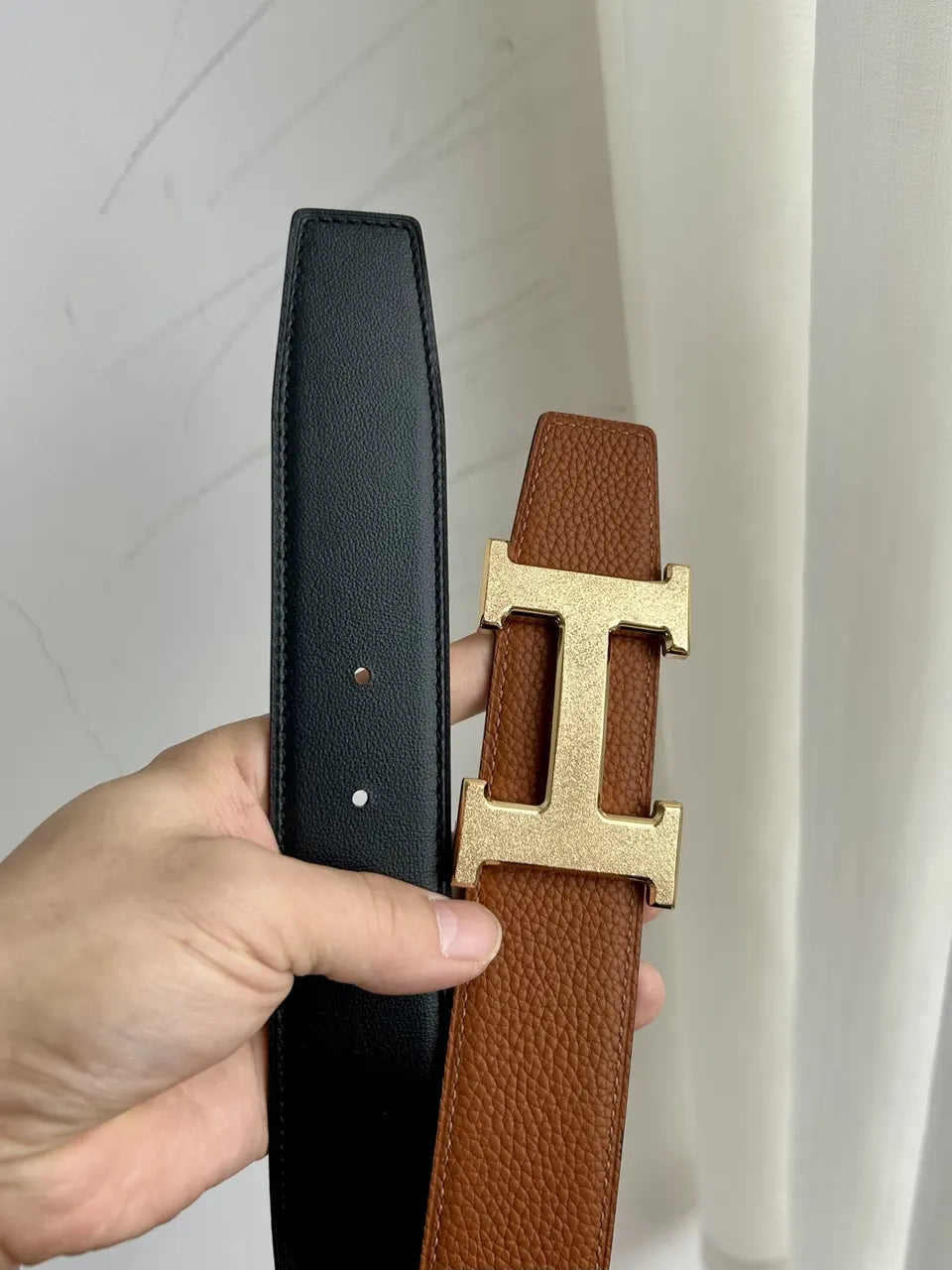 designer reversible Hermes Gold Buckle Brown Leather Belt - Hình 2