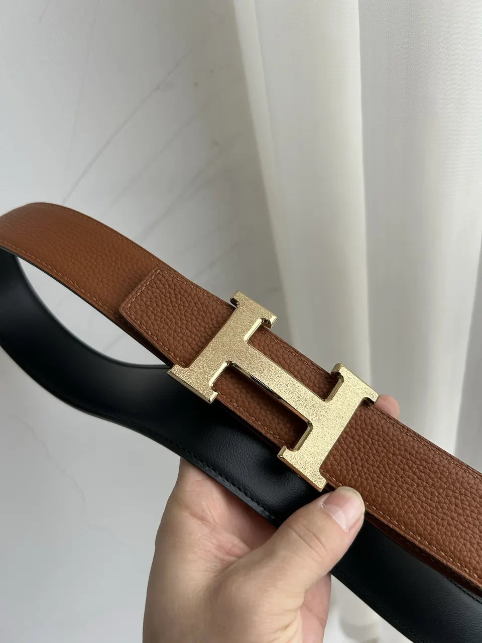 designer reversible Hermes Gold Buckle Brown Leather Belt - Hình 3