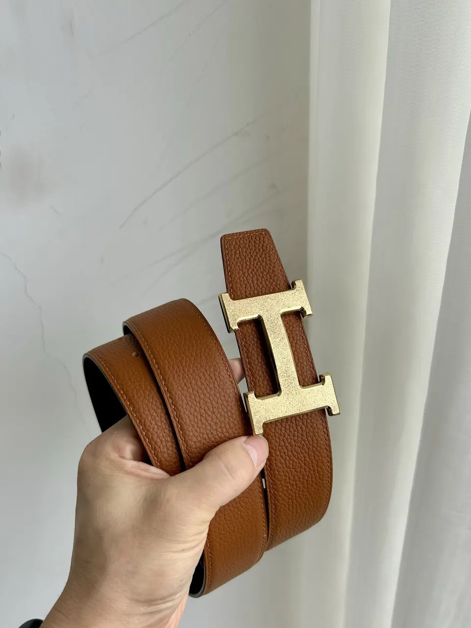 designer reversible Hermes Gold Buckle Brown Leather Belt - Hình 4