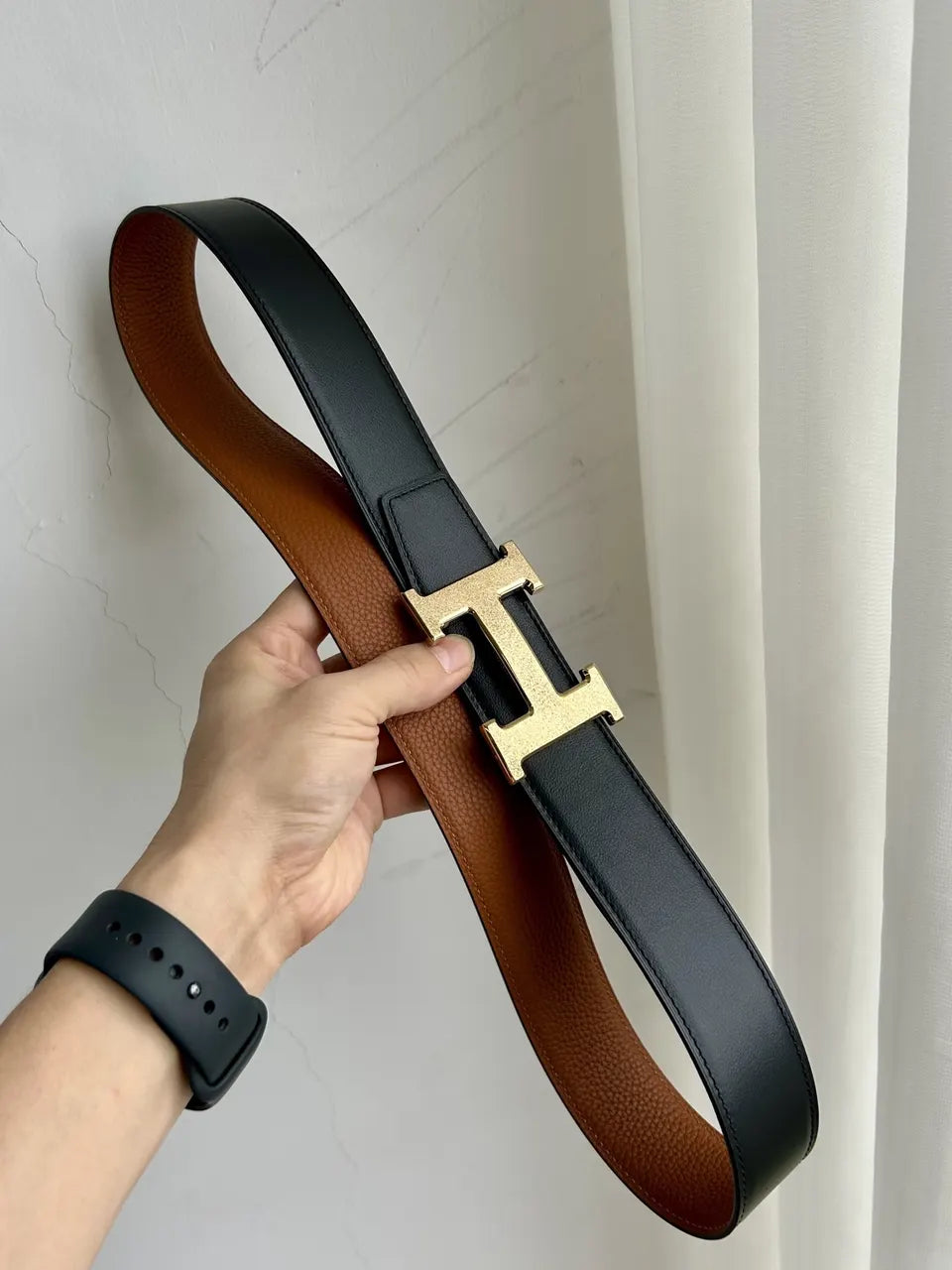 designer reversible Hermes Gold Buckle Brown Leather Belt - Hình 5