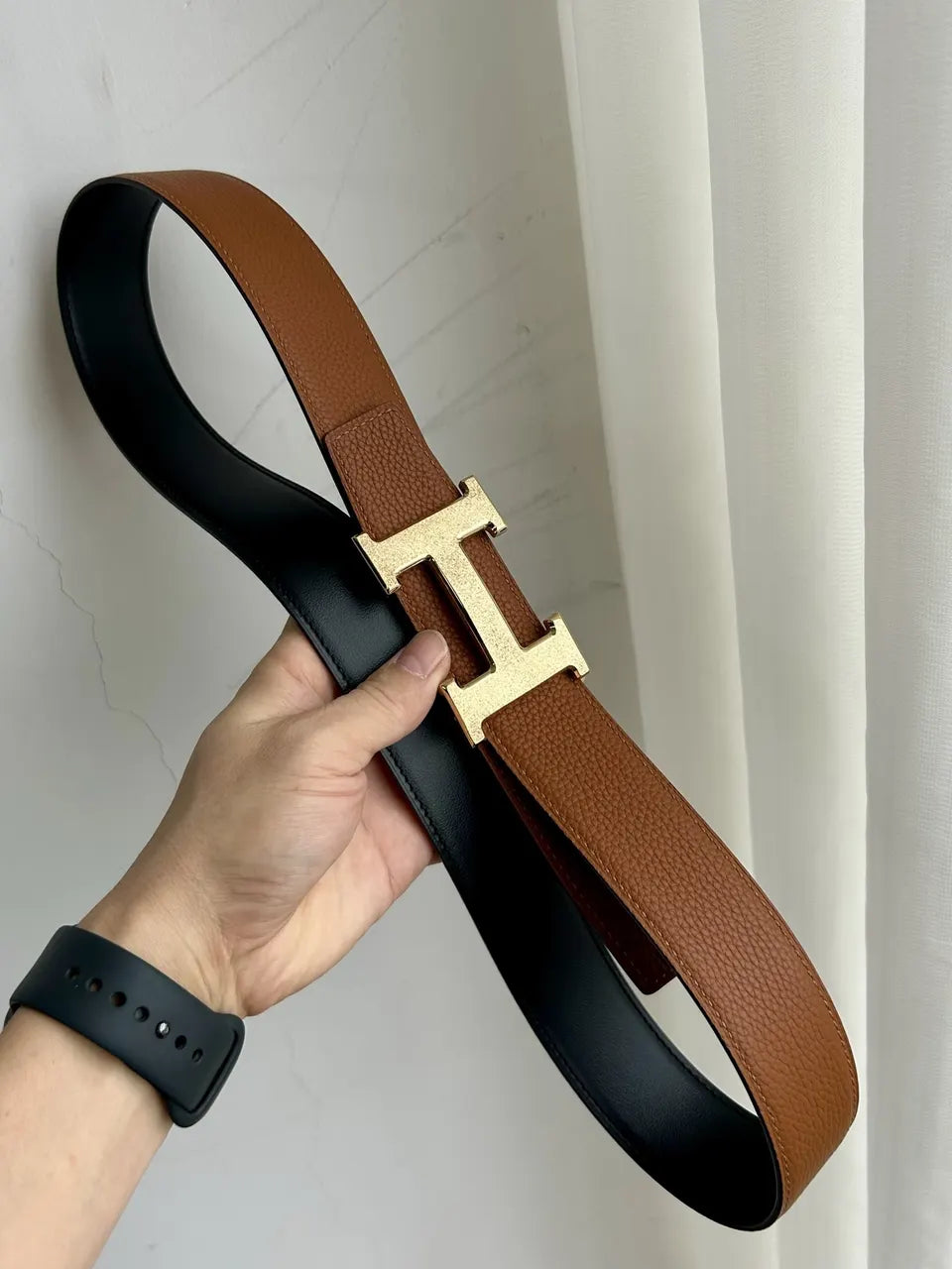 designer reversible Hermes Gold Buckle Brown Leather Belt - Hình 6
