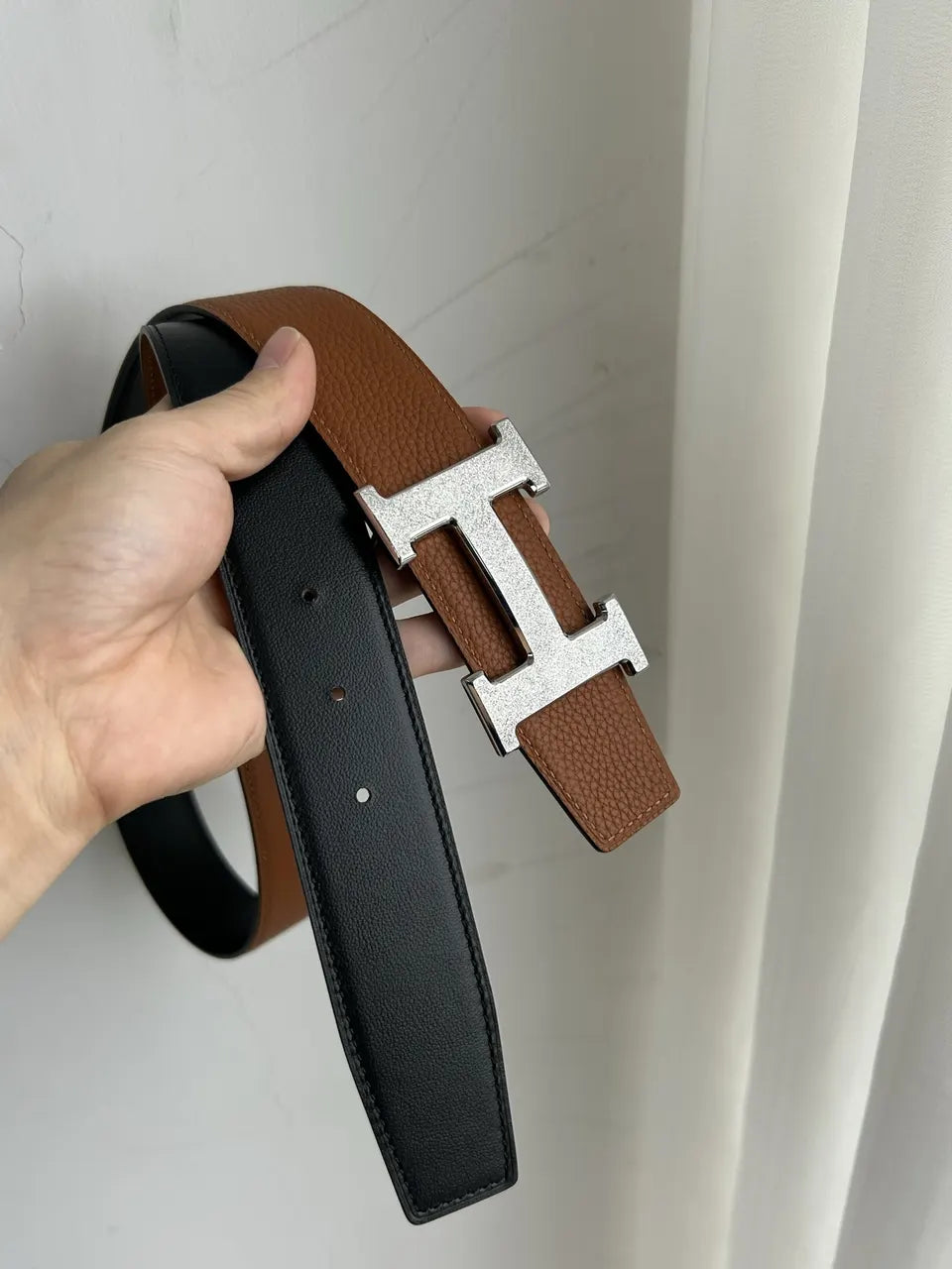 designer reversible Hermes Gold Buckle Brown Leather Belt - Hình 7
