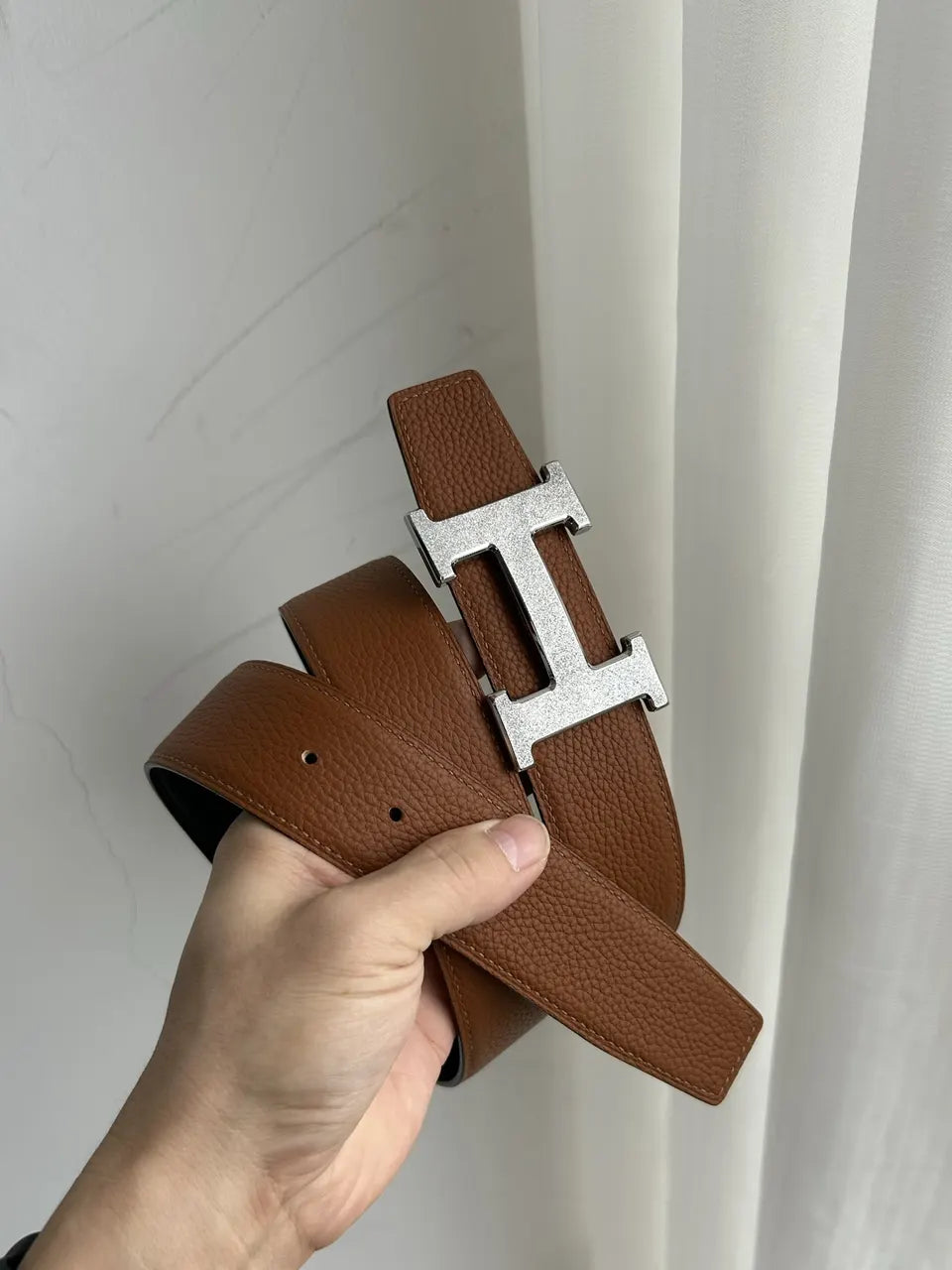 designer reversible Hermes Gold Buckle Brown Leather Belt - Hình 8