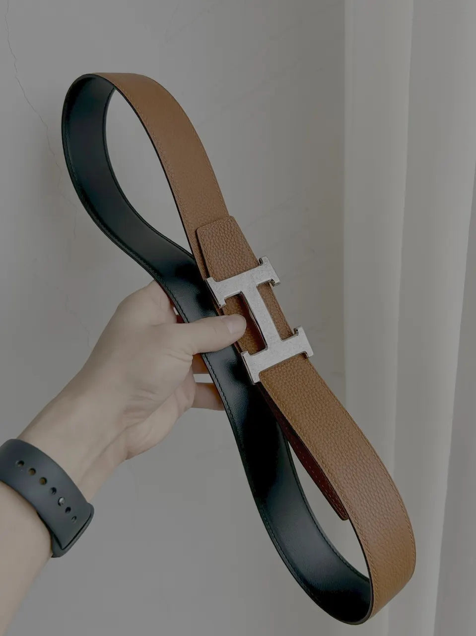 designer reversible Hermes Gold Buckle Brown Leather Belt - Hình 9