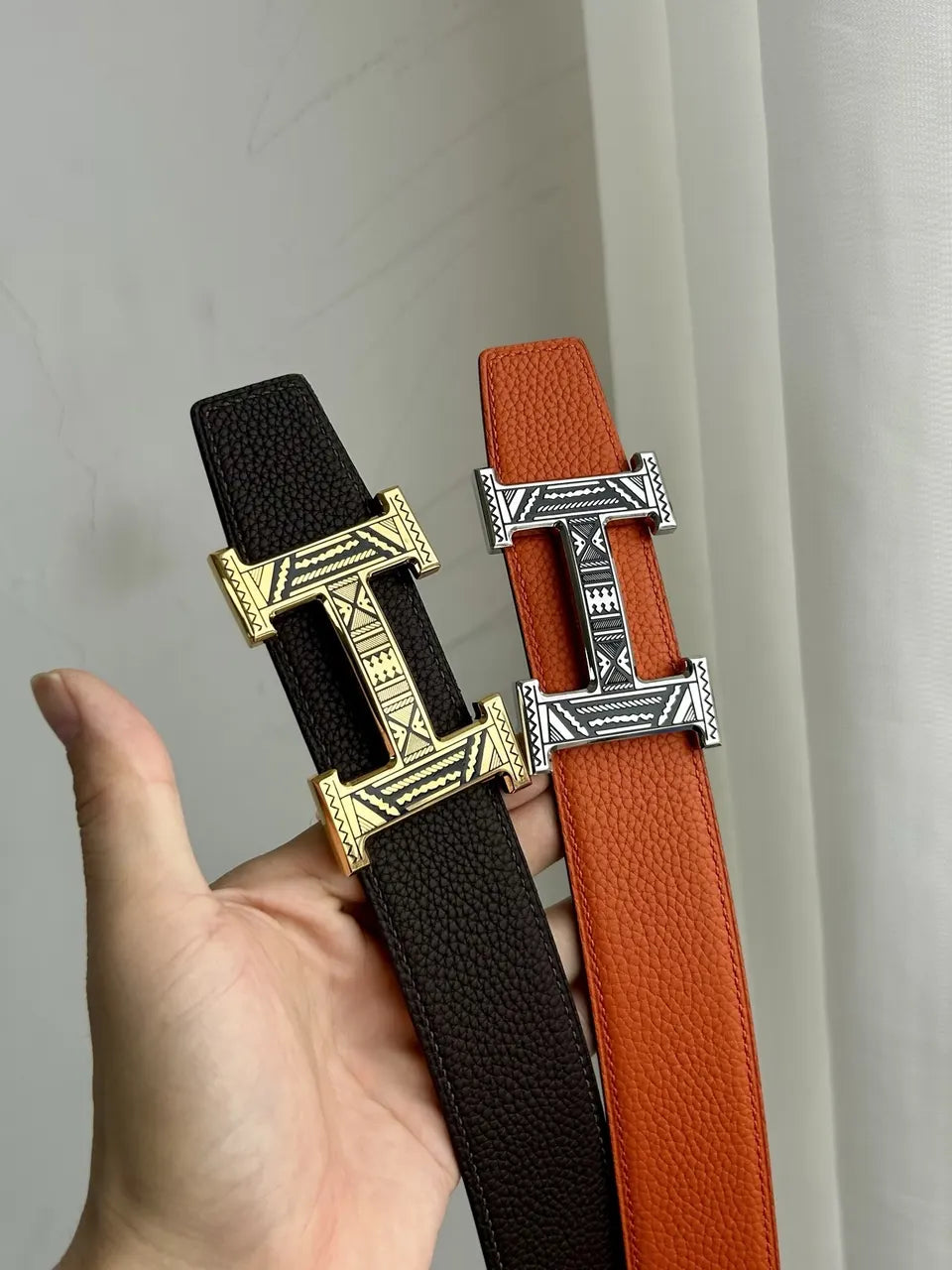 Hermes Orange Black Etched Belt