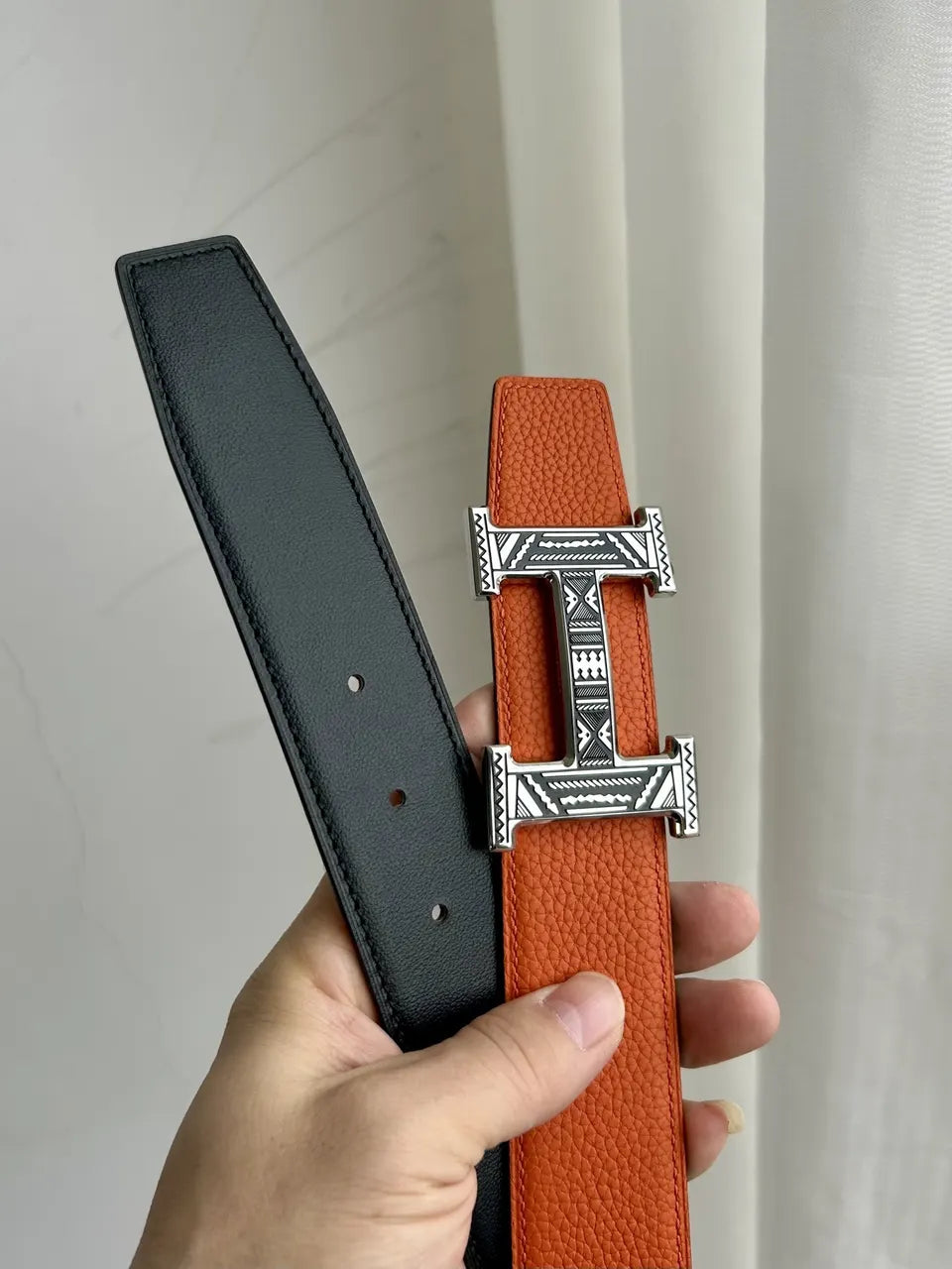 Hermes Orange Black Etched Belt - Hình 2