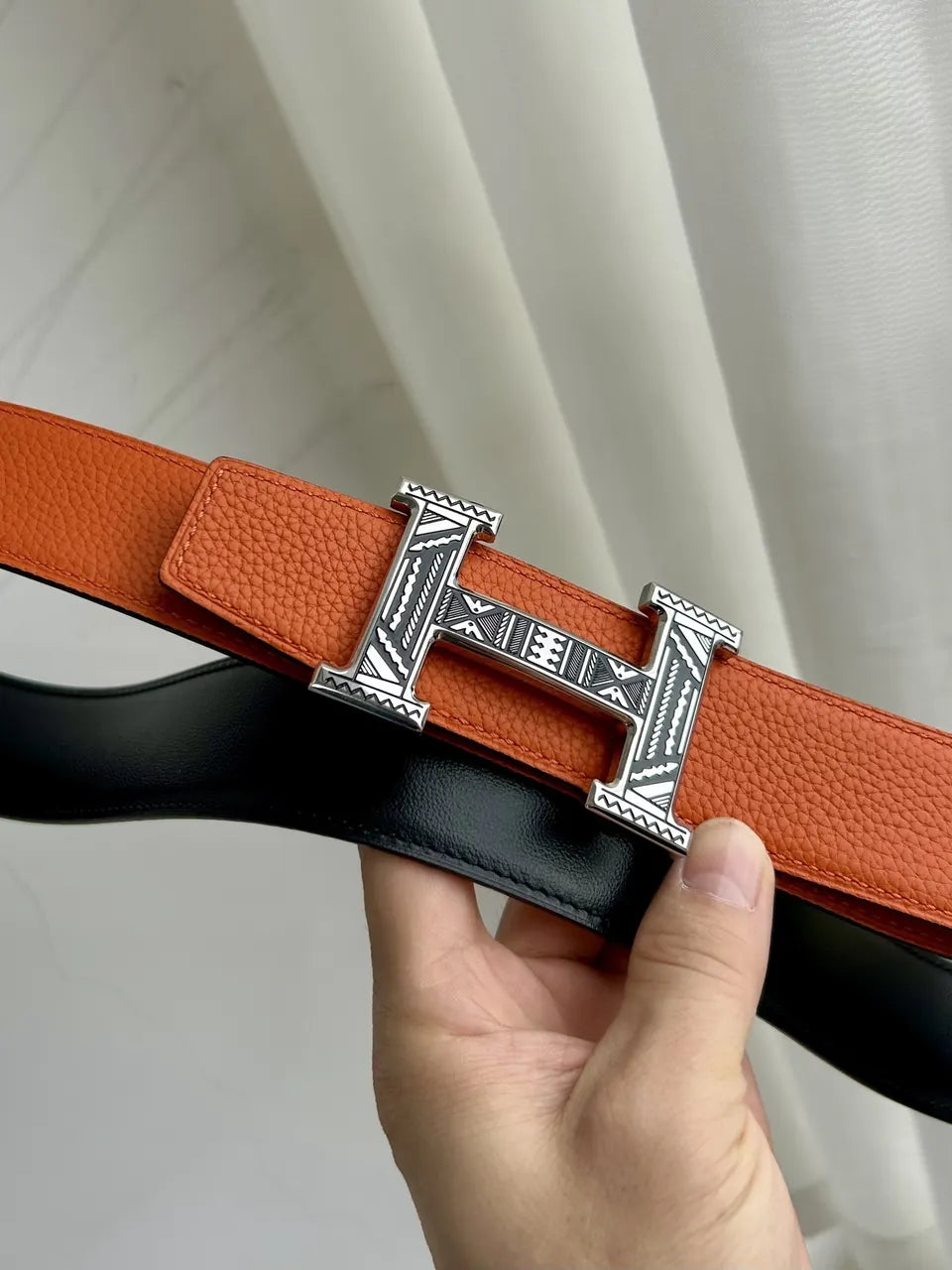 Hermes Orange Black Etched Belt - Hình 3