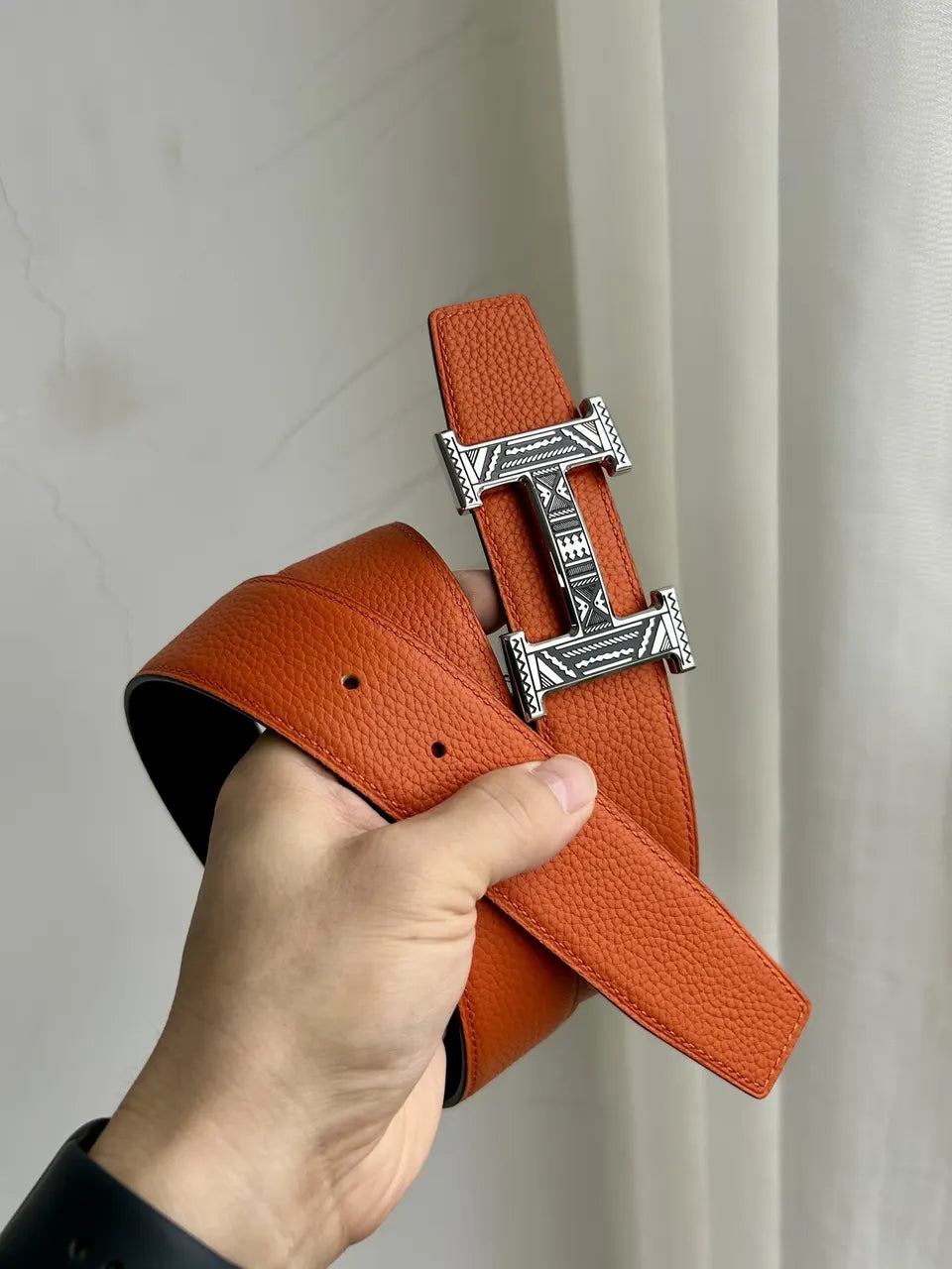 Hermes Orange Black Etched Belt - Hình 4