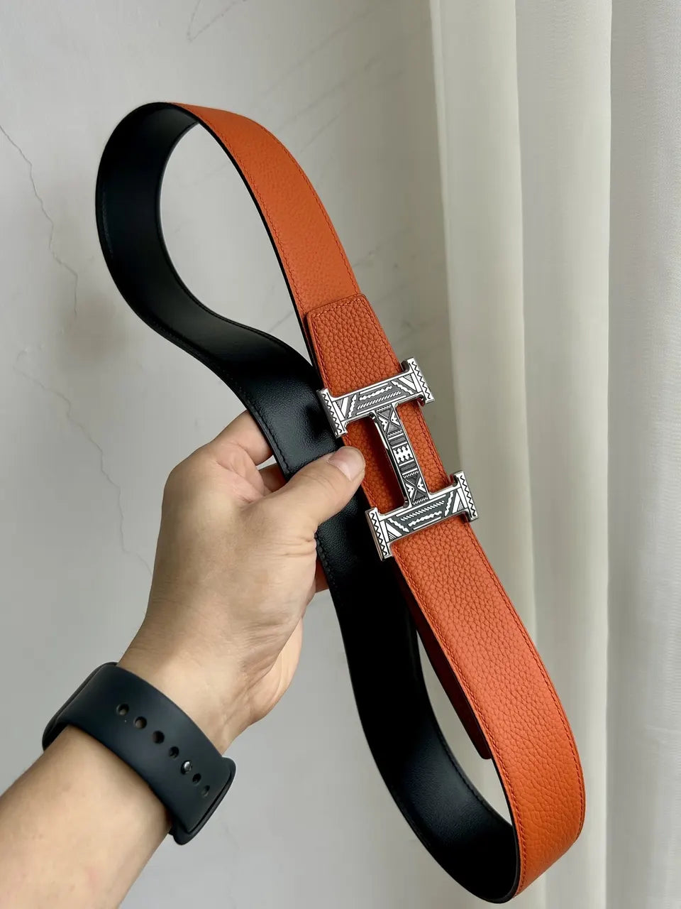 Hermes Orange Black Etched Belt - Hình 5