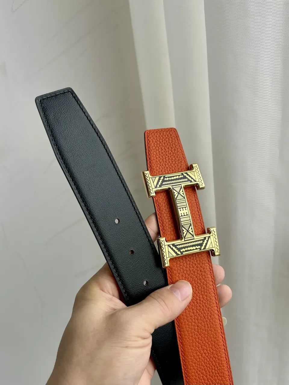Hermes Orange Black Etched Belt - Hình 6