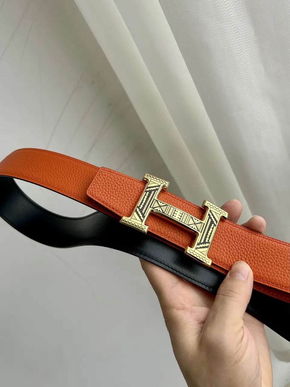 Hermes Orange Black Etched Belt - Hình 7
