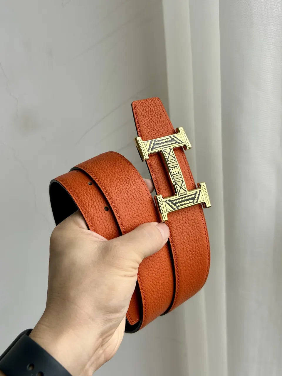 Hermes Orange Black Etched Belt - Hình 8