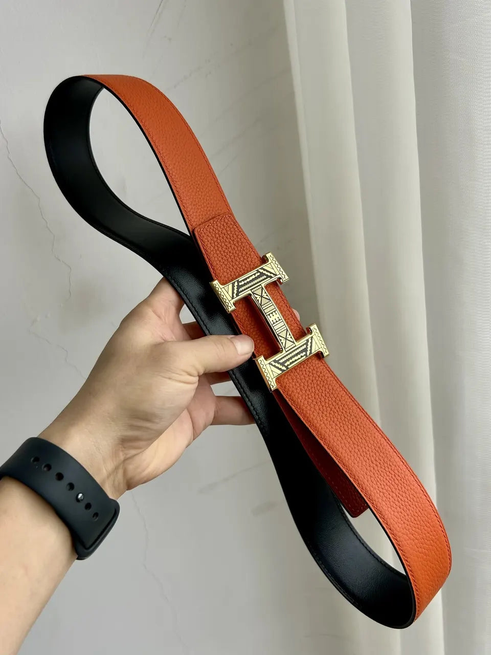 Hermes Orange Black Etched Belt - Hình 9