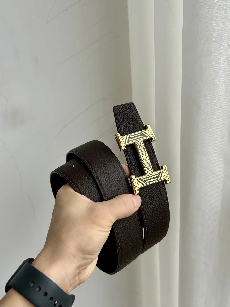 Hermes Brown Textured Leather Belt - Hình 2