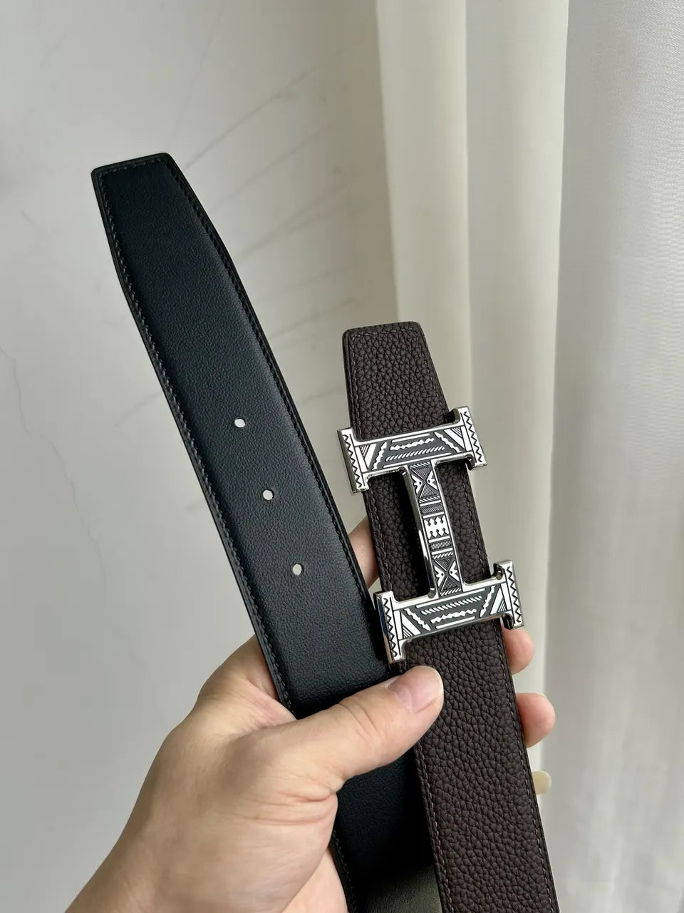 Hermes Brown Textured Leather Belt - Hình 4