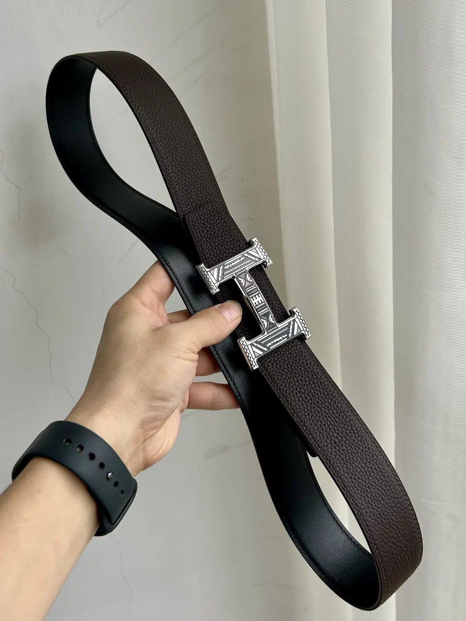 Hermes Brown Textured Leather Belt - Hình 8