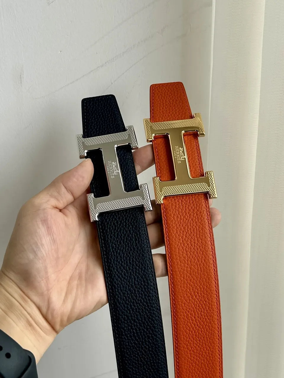silver Hermes Orange Black Leather Belt