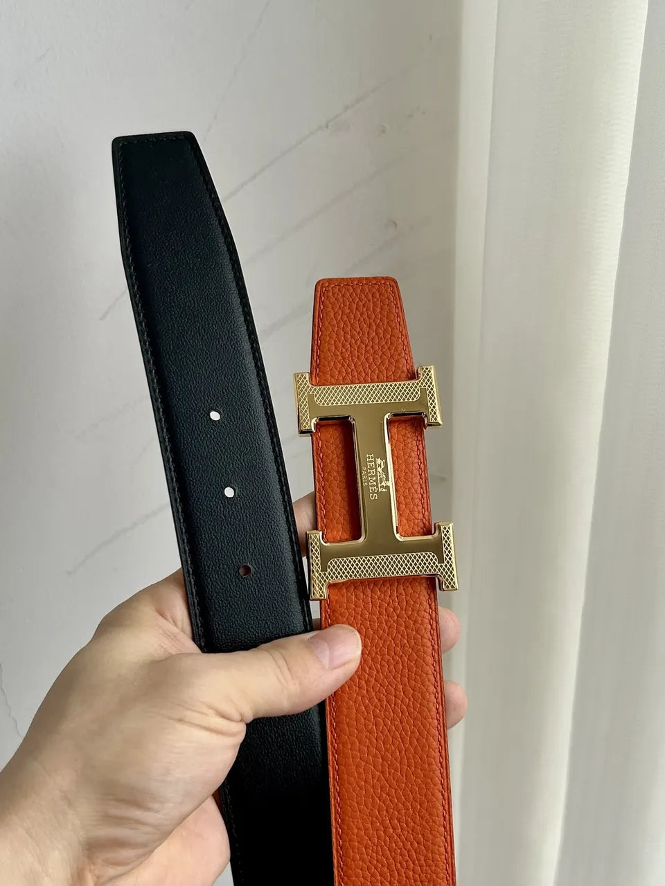 silver Hermes Orange Black Leather Belt - Hình 2