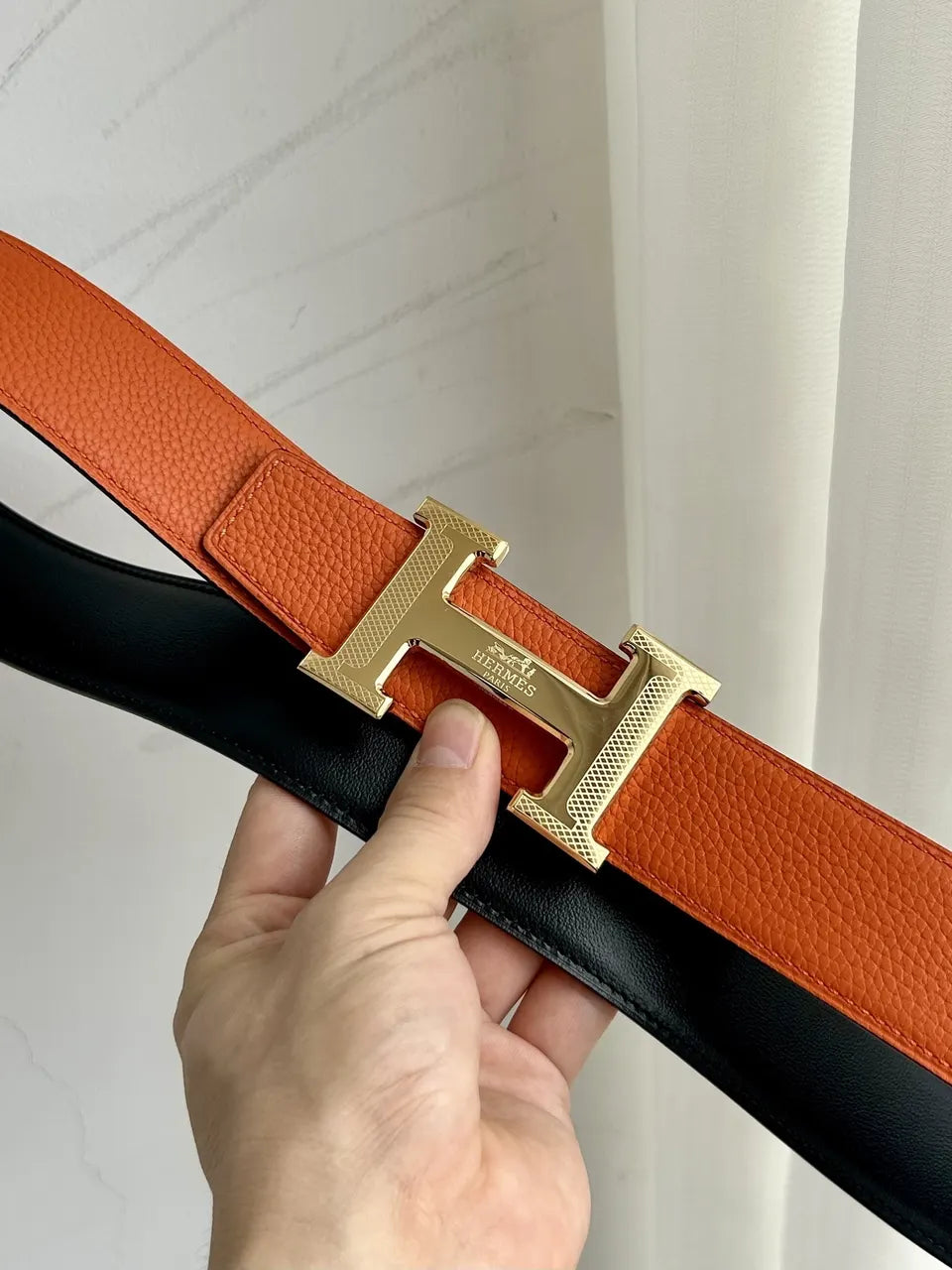silver Hermes Orange Black Leather Belt - Hình 3