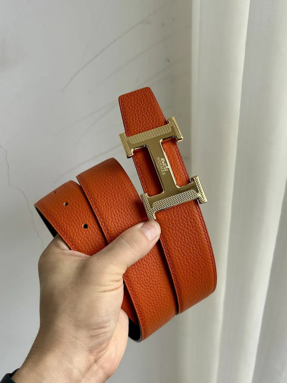 silver Hermes Orange Black Leather Belt - Hình 4