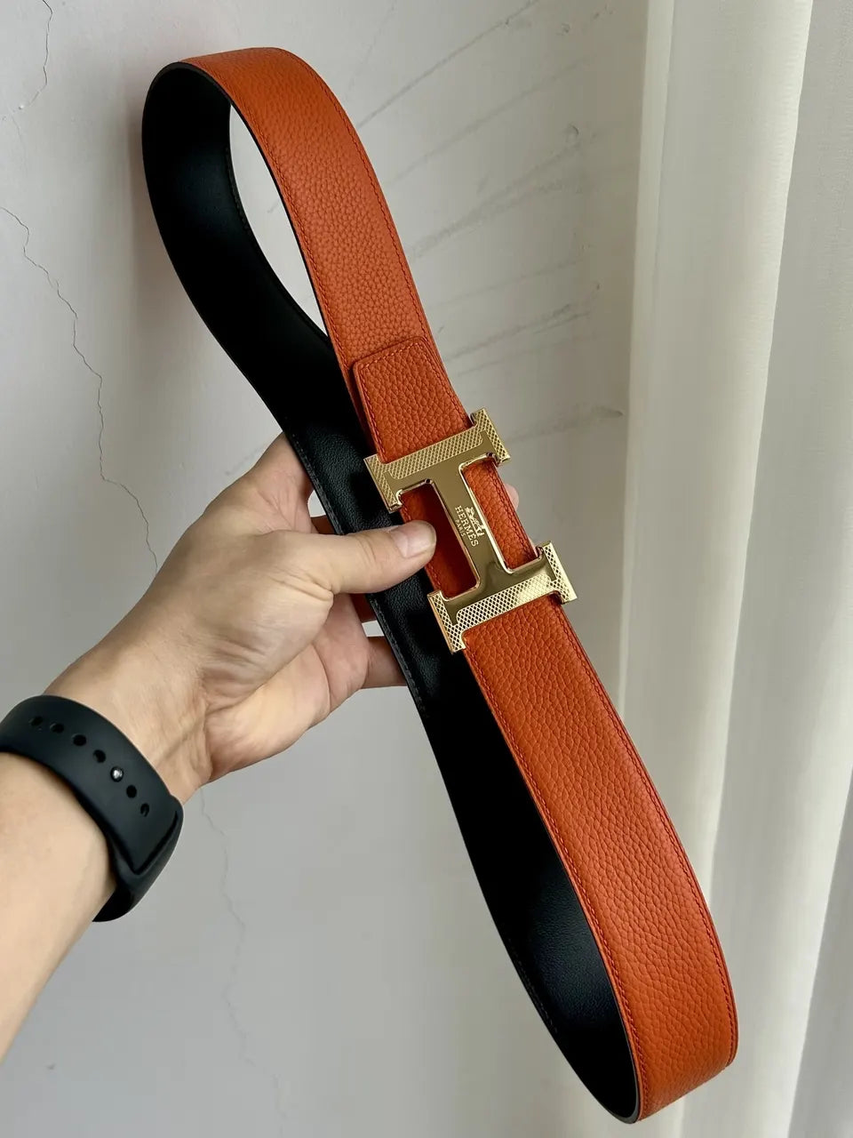 silver Hermes Orange Black Leather Belt - Hình 5