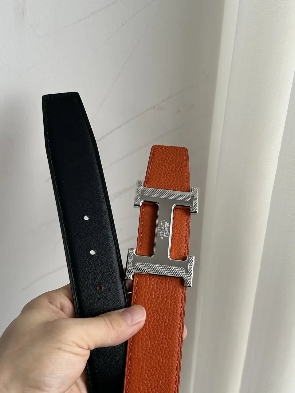 silver Hermes Orange Black Leather Belt - Hình 6