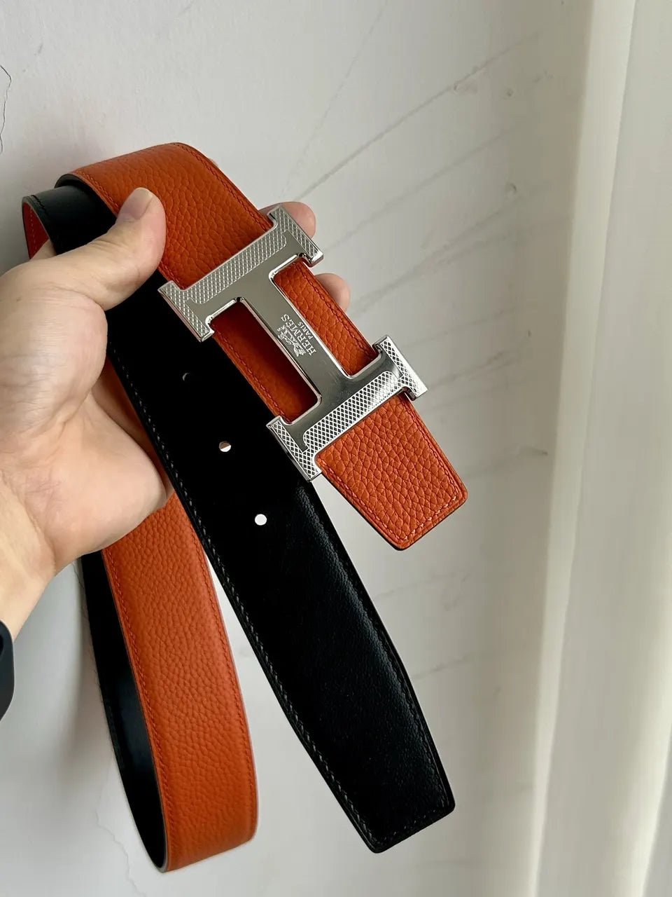 silver Hermes Orange Black Leather Belt - Hình 7