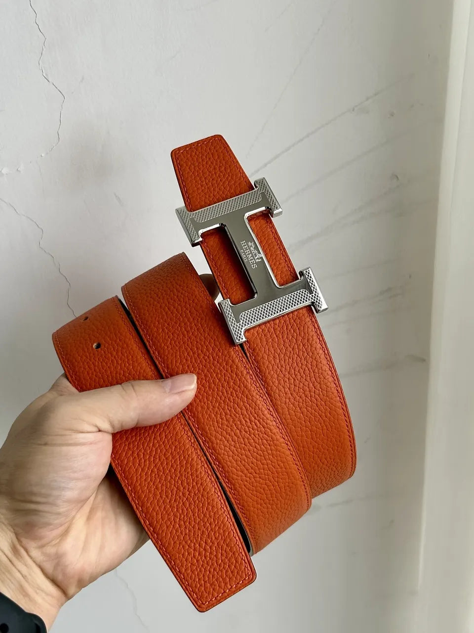 silver Hermes Orange Black Leather Belt - Hình 8