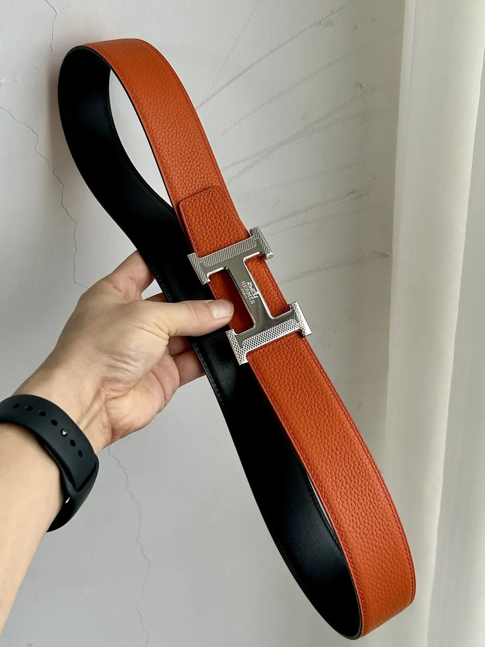 silver Hermes Orange Black Leather Belt - Hình 9