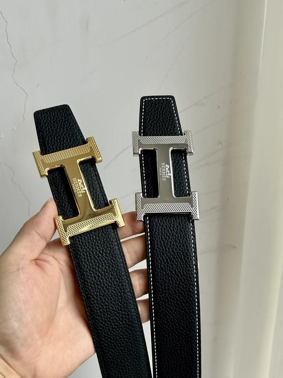 Hermes Black Leather Belt gold silver