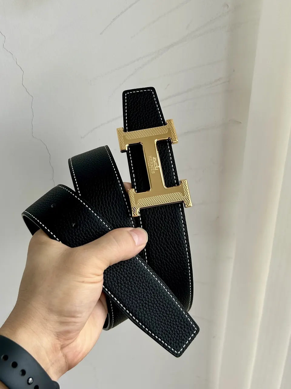 Hermes Black Leather Belt gold silver - Hình 2