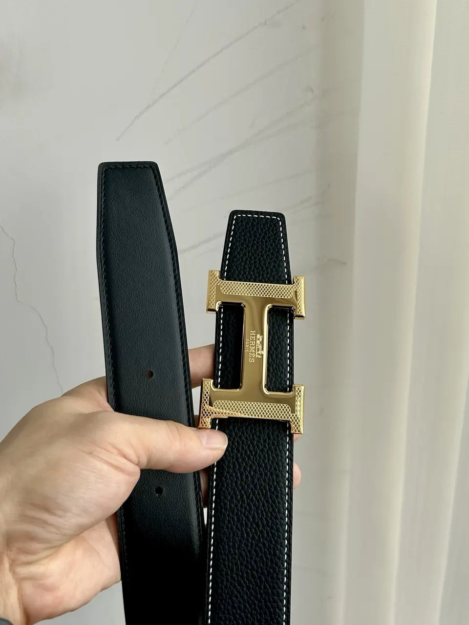 Hermes Black Leather Belt gold silver - Hình 3