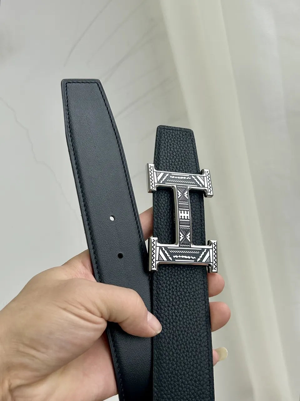 Hermes Etched Buckle Black Belt - Hình 2