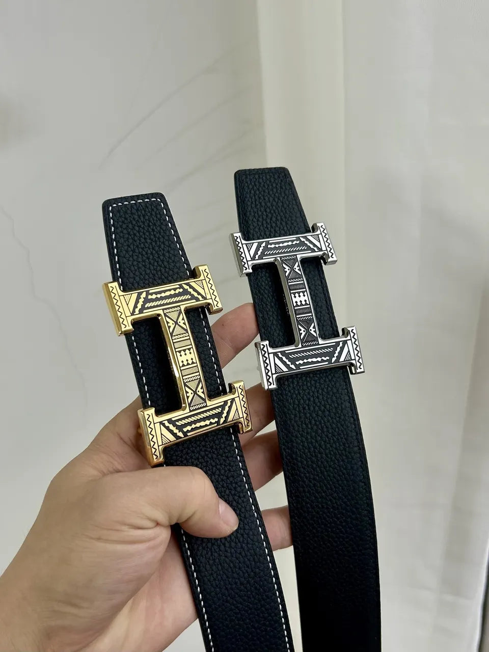 Hermes Black Textured Leather Belt gold