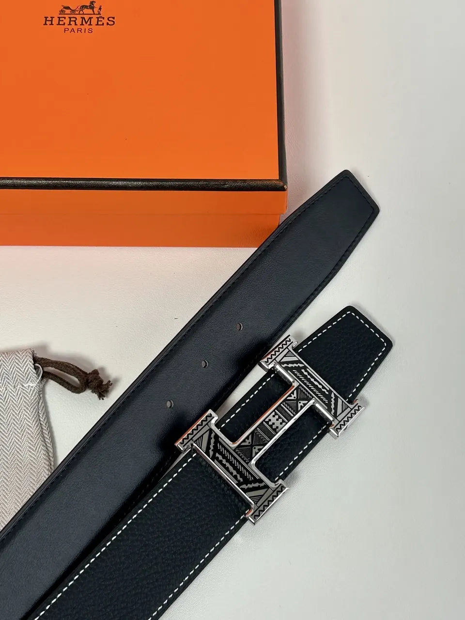 Hermes Black Textured Leather Belt gold - Hình 2