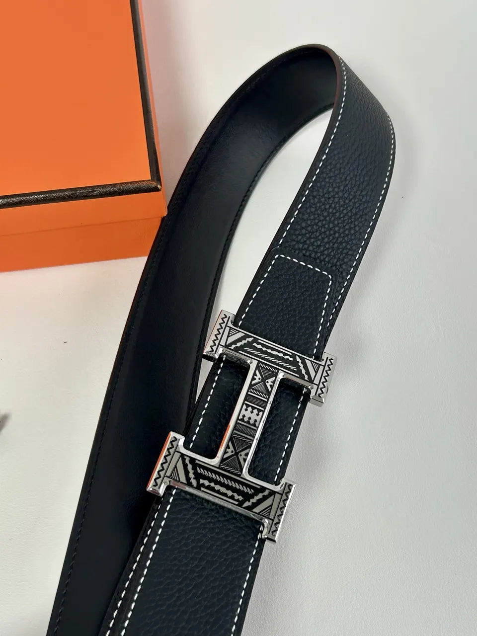 Hermes Black Textured Leather Belt gold - Hình 3