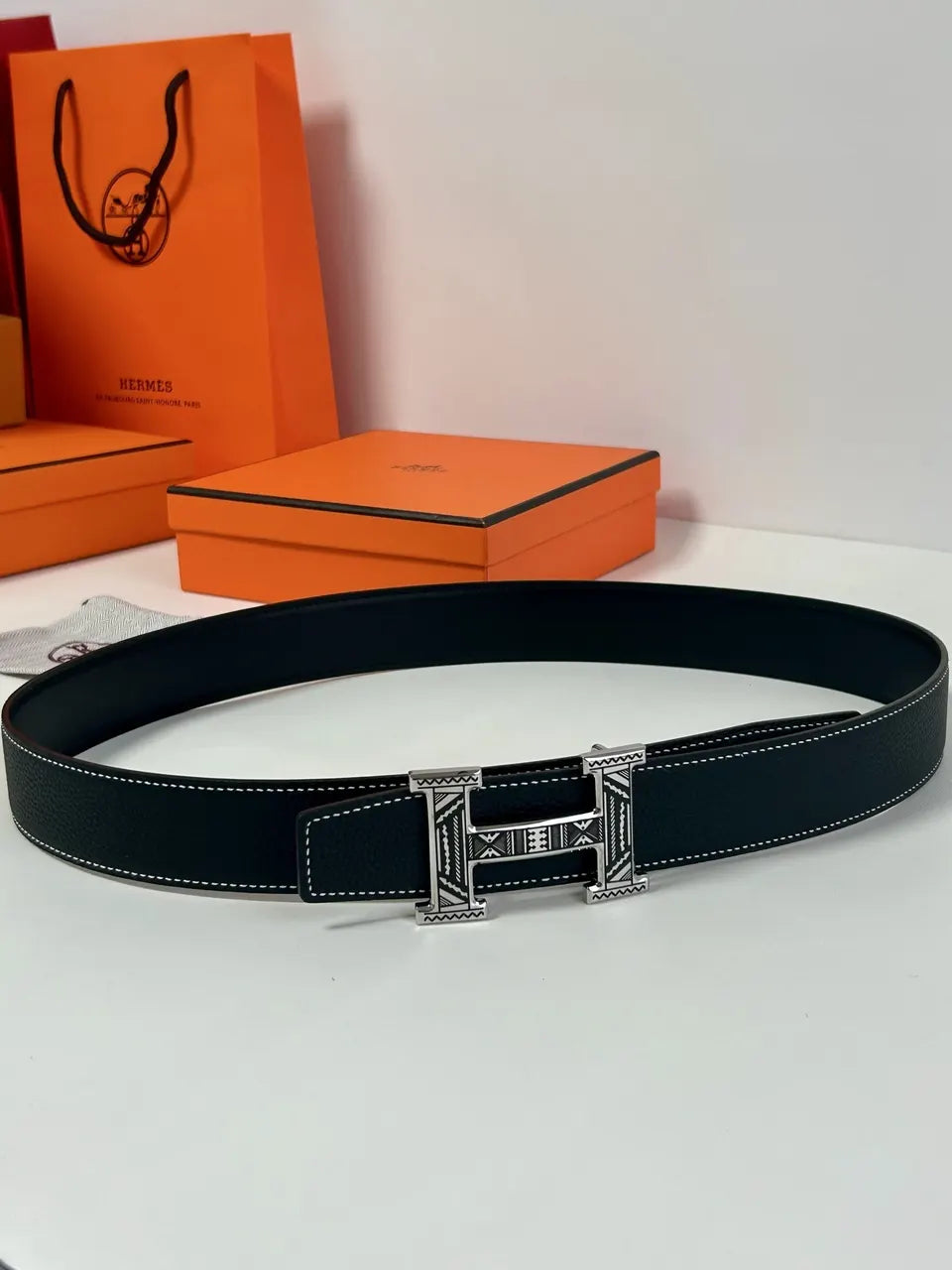 Hermes Black Textured Leather Belt gold - Hình 4