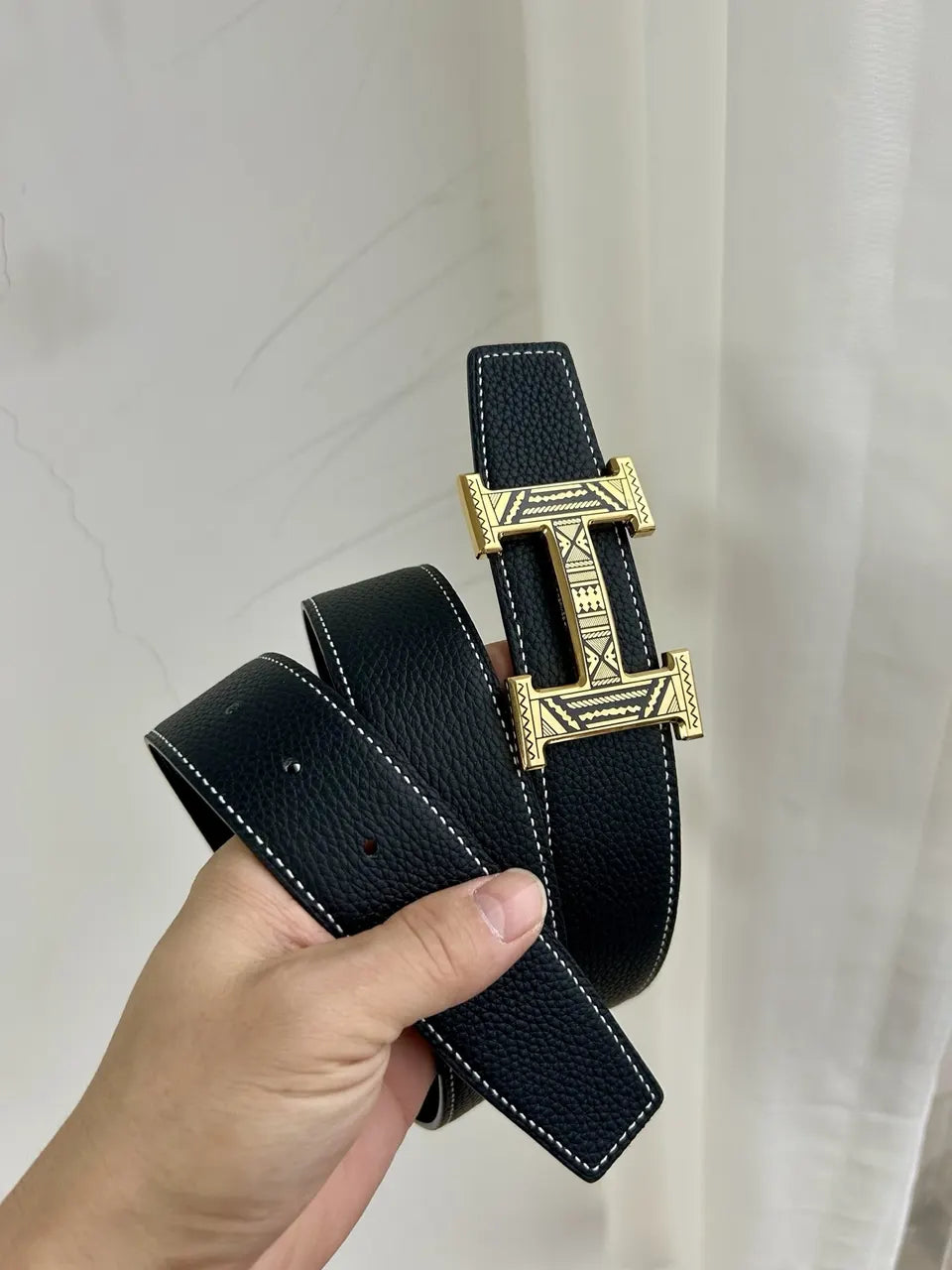 Hermes Black Textured Leather Belt gold - Hình 5