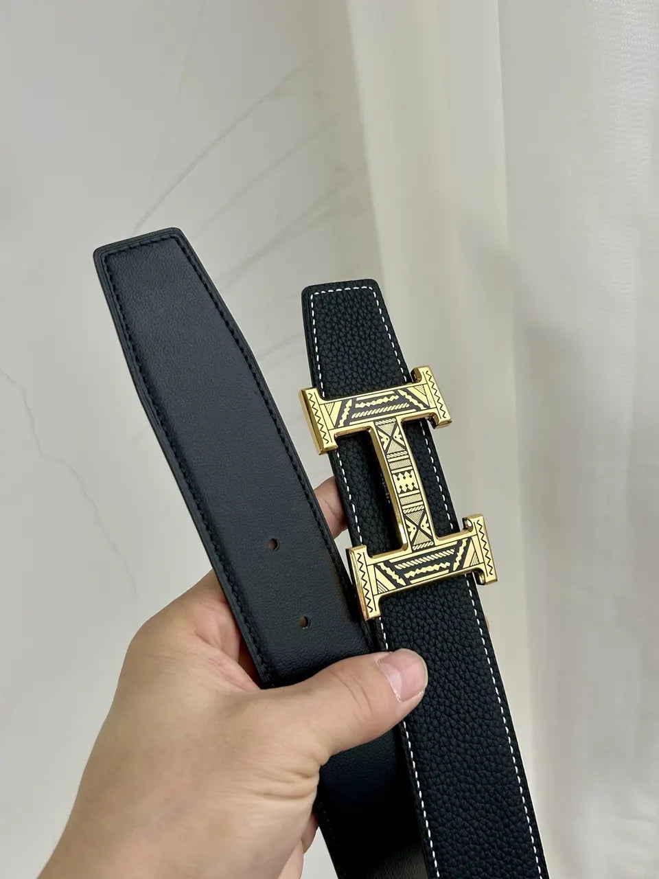 Hermes Black Textured Leather Belt gold - Hình 6