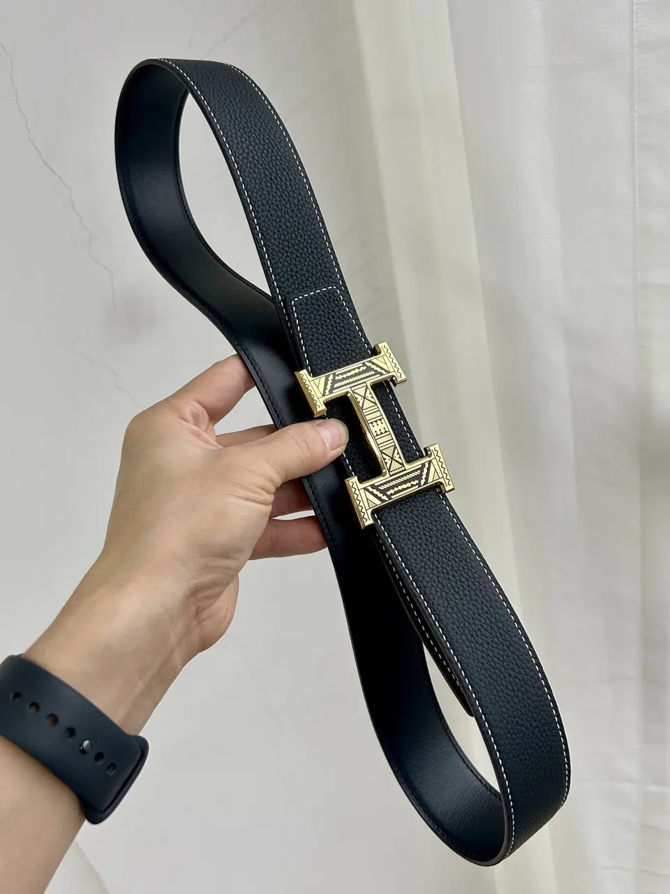Hermes Black Textured Leather Belt gold - Hình 7