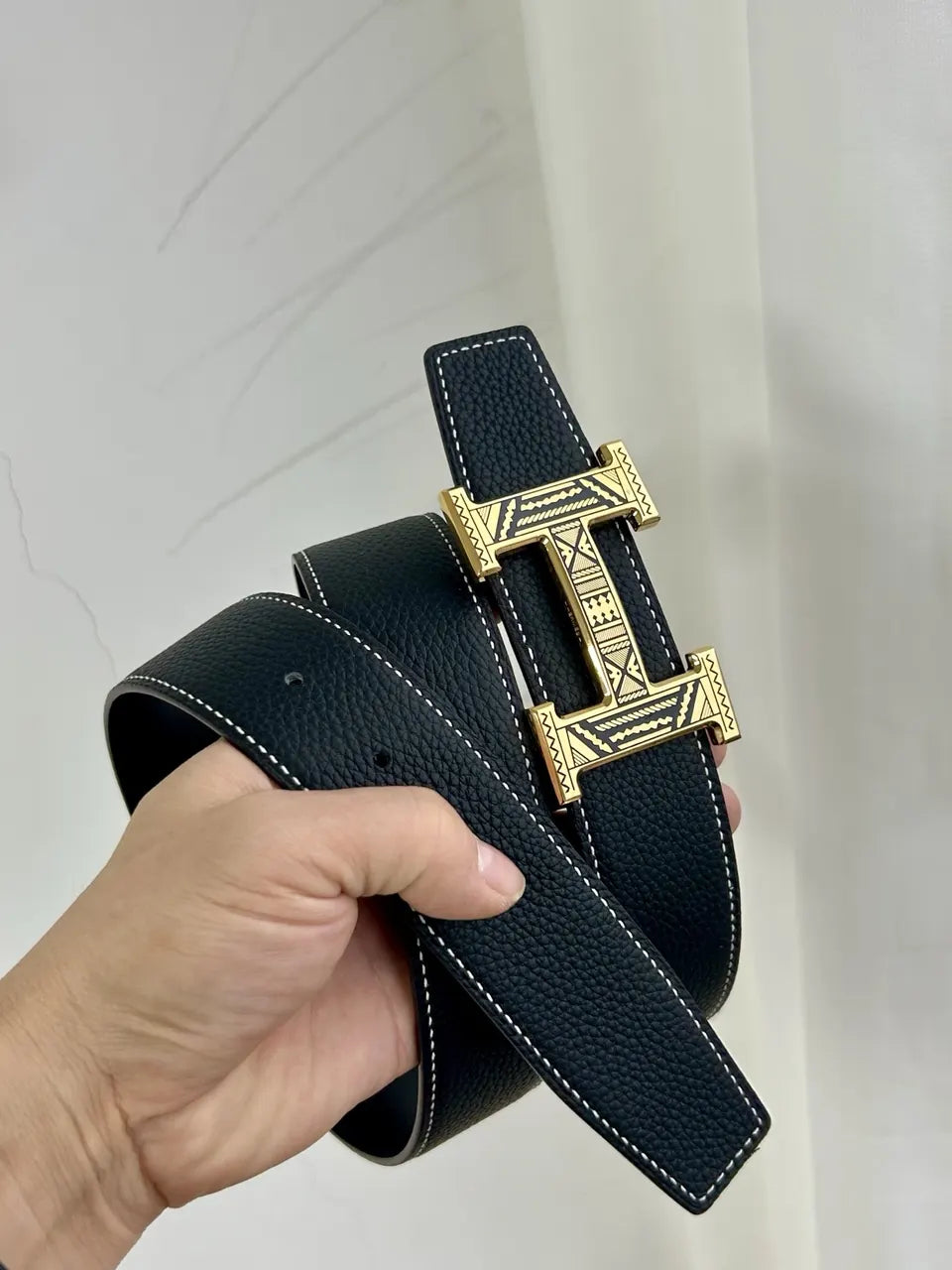 Hermes Black Textured Leather Belt gold - Hình 8