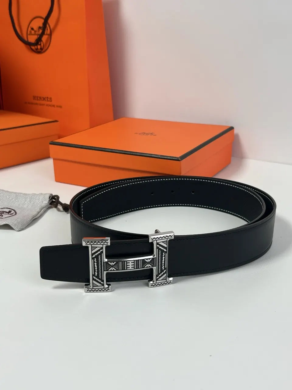 Hermes Black Textured Leather Belt gold - Hình 9