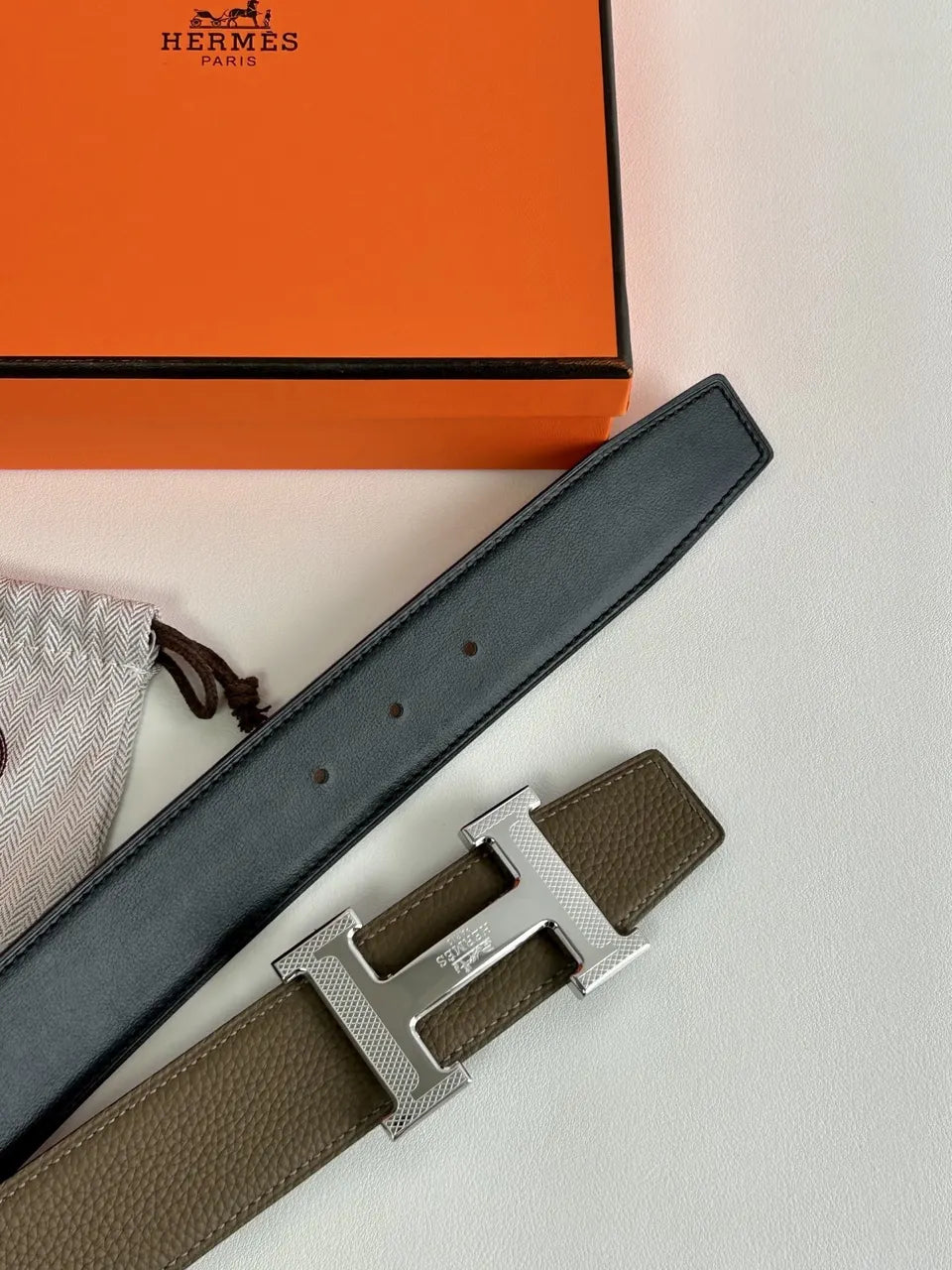 silver Hermes Olive Green Leather Belt
