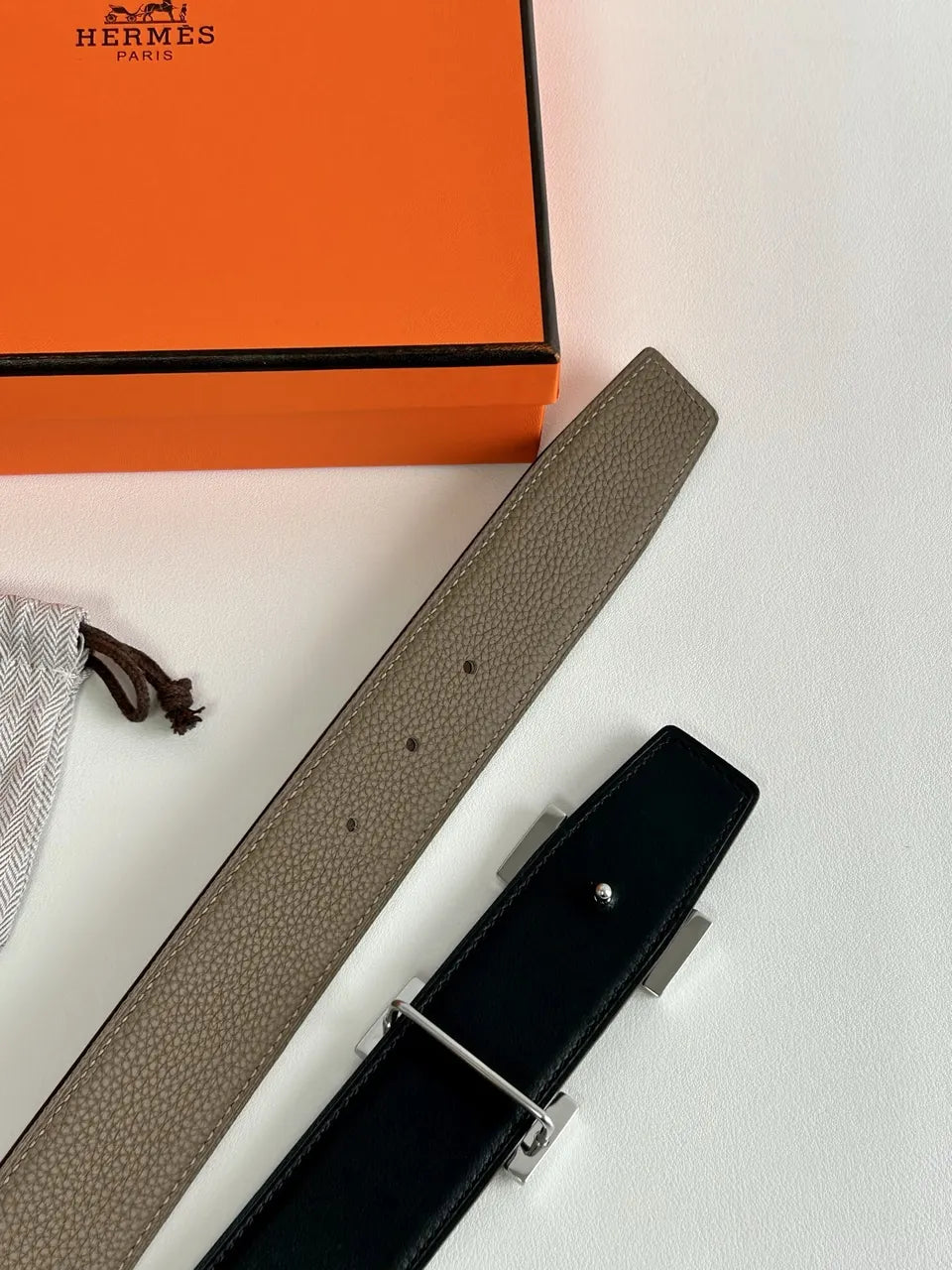 silver Hermes Olive Green Leather Belt - Hình 2