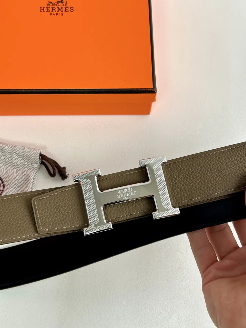 silver Hermes Olive Green Leather Belt - Hình 3