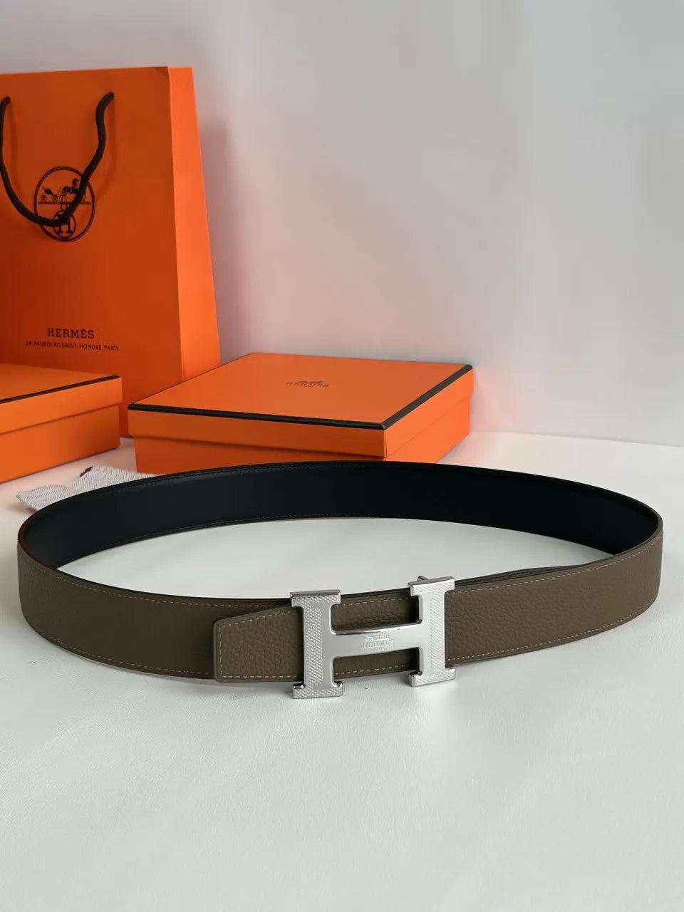 silver Hermes Olive Green Leather Belt - Hình 4